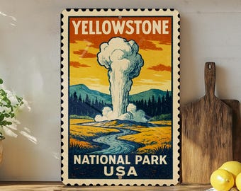Yellowstone National Park Metal Sign – Vintage Stamp Style Wall Art for Cabin, Lodge, Rustic Home Decor, Outdoor Nature Gift
