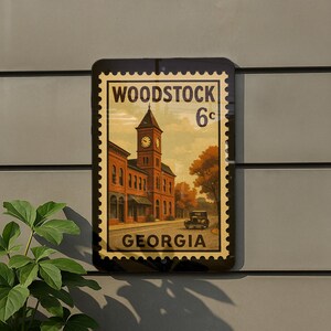 A vintage-style postage stamp from Georgia, featuring a brick building with a clock tower, is displayed on a wall next to a plant.
