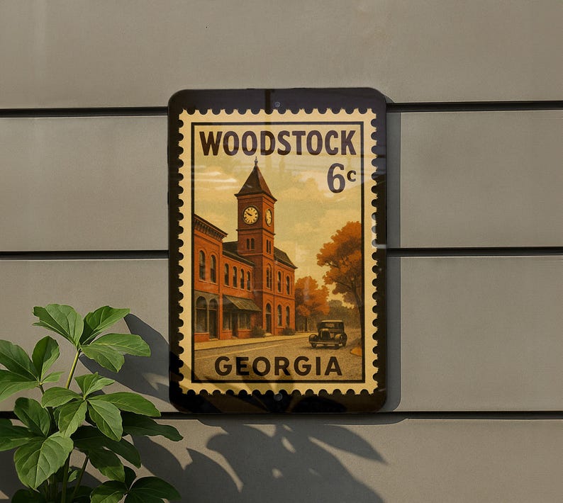 A vintage-style postage stamp from Georgia, featuring a brick building with a clock tower, is displayed on a wall next to a plant.