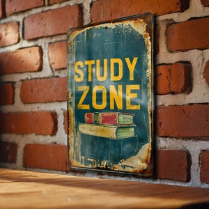 Study Zone Metal Sign, Vintage Style, Book Illustration, Primary Colors ...