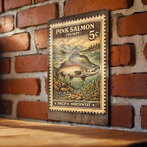 Pink Salmon Humpy Vintage Stamp Style Metal Sign, Salmon Fishing Decor, Coastal Cabin Wall Sign, Angler Gift