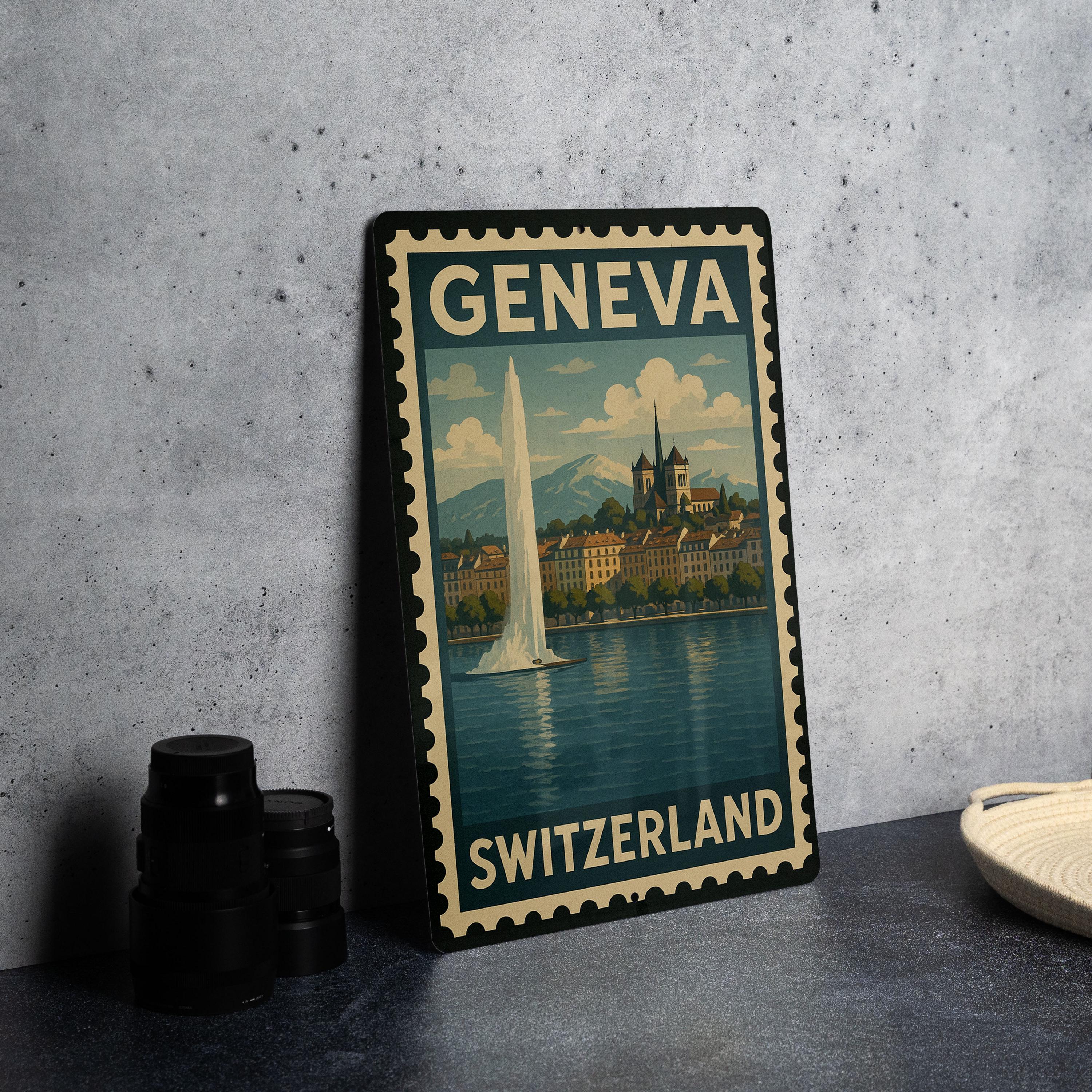 Geneva Switzerland Metal Sign – Vintage Travel Stamp Style Wall