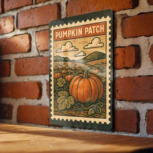 May include: A rectangular metal sign with a vintage-style illustration of a pumpkin patch. The sign features a large orange pumpkin in the foreground, with other pumpkins and rolling hills in the background. The words "PUMPKIN PATCH" are at the top.