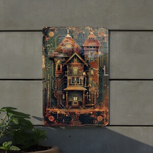 May include: A vintage-style illustration of a house with a steampunk aesthetic. The house is rendered in shades of brown, orange, and gold, with intricate details and a futuristic design. The background features a circuit board pattern.
