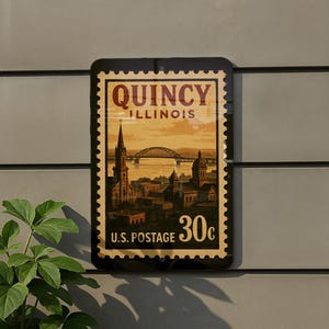 A vintage-style postage stamp from Illinois, featuring a cityscape and a bridge, is displayed on a wall.