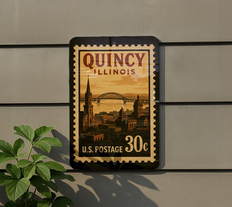 A vintage-style postage stamp from Illinois, featuring a cityscape and a bridge, is displayed on a wall.