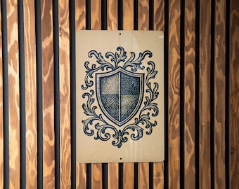 Knights Shield Metal Sign – Medieval Stamp Style Wall Art with Flourishes, Vintage Armor Decor for Man Cave or Home