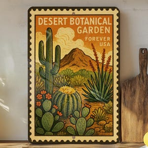 May include: Rectangular metal sign featuring a desert botanical garden scene. The sign has a brown border and the text "Desert Botanical Garden Forever USA". The artwork depicts cacti, desert plants, and a mountain range in shades of green, orange, and brown.