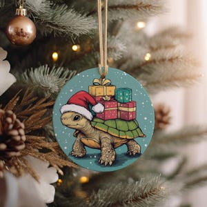 Ceramic Ornament Turtle, Santa Hat Doodle, Christmas Gift Decor, Holiday Turtle Charm, Cute Ceramic Keepsake