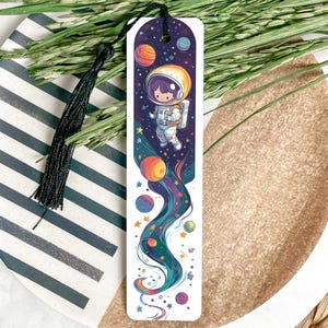Cosmic Wanderer Metal Bookmark, Astronaut Galaxy Bookmark, Whimsical Starry Bookmark, Vibrant Galaxy Colors, Unique Gift for Book Lovers