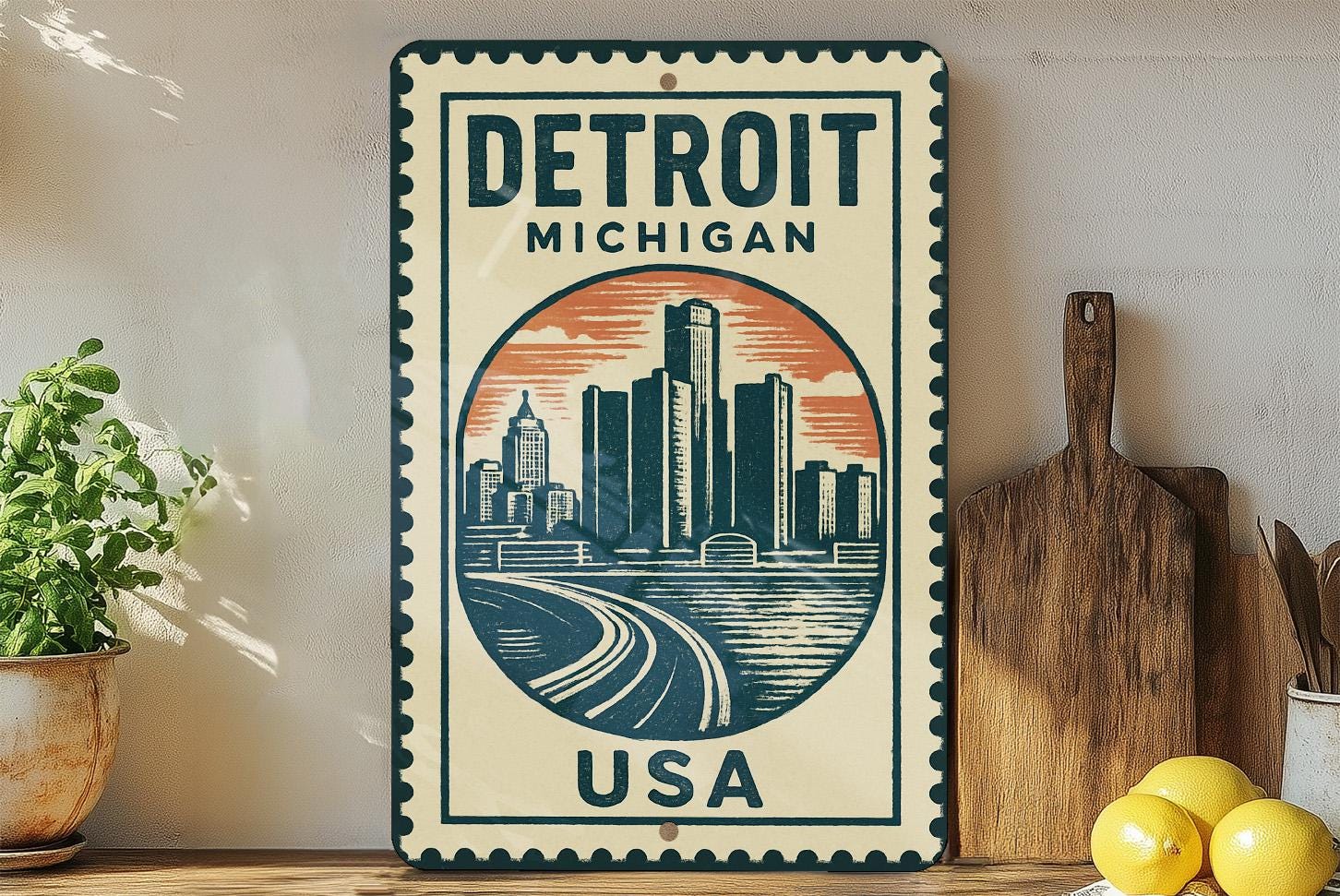 Detroit Michigan Metal Sign – Vintage Stamp Style Wall Art for Home ...