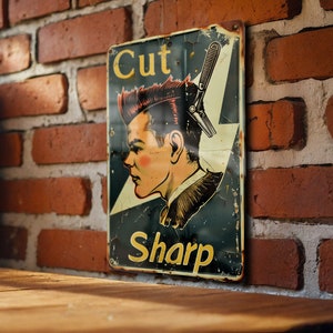 Barber Cut Sign, Sharp Barber Decor, Vintage Aluminum Sign, Metal Wall Art, Barber Shop Decoration