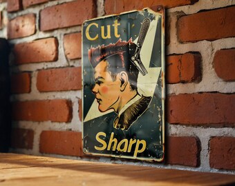 Barber Cut Sign, Sharp Barber Decor, Vintage Aluminum Sign, Metal Wall Art, Barber Shop Decoration