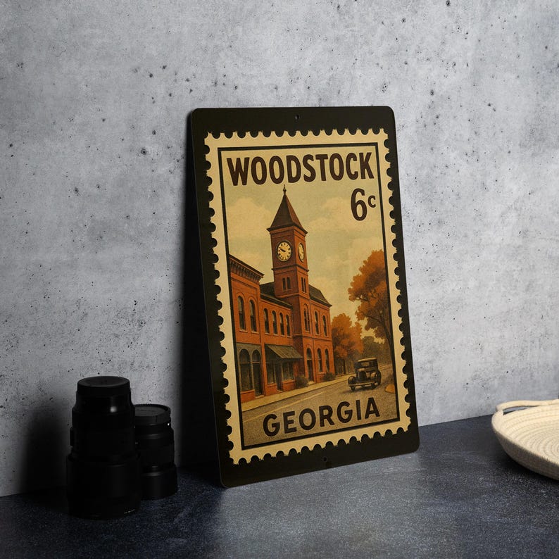 A vintage-style stamp depicting a building with a clock tower, placed on a dark surface next to some black camera lenses.