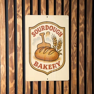 Vintage 1950s Sourdough Bakery Metal Sign – Retro Storybook Style Kitchen Wall Decor, Rustic Bread Shop Badge Art