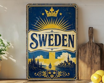 Sweden Flag Metal Sign, Vintage Swedish Flag Wall Decor, Scandinavian Country Flag Plaque, Sweden Home Bar Garage Sign
