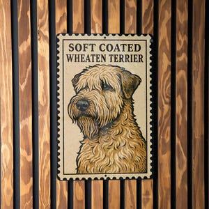 Soft Coated Wheaten Terrier Metal Sign – Vintage Stamp Style Dog Wall Art, Rustic Farmhouse Pet Decor for Home or Kennel