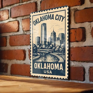 Oklahoma City Stamp Style Metal Sign – Vintage Wall Art Decor, Rustic Oklahoma USA Souvenir, Retro City Travel Poster