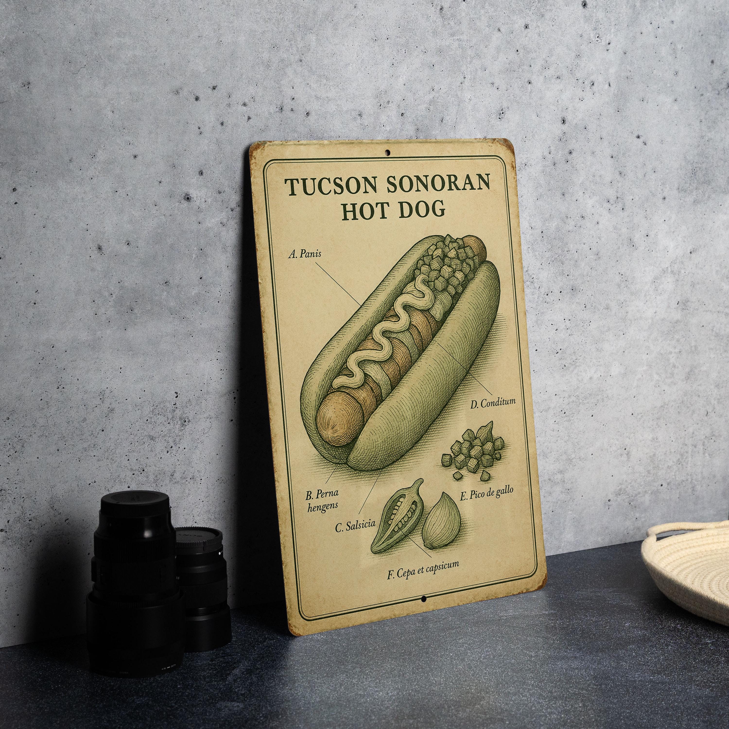 Vintage Tucson Sonoran Hot Dog Tin Sign – Botanical Illustration