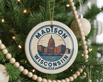 Madison Wisconsin Ceramic Ornament – Circular Stamp Style City Skyline Decor, State Souvenir Gift, Travel Keepsake