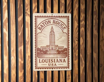 Baton Rouge Louisiana Stamp Style Wall Art – Vintage Metal Sign Decor for Home, Office, Man Cave, Travel Souvenir Gift