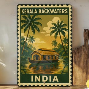 Kerala Backwaters India Metal Sign – Vintage Stamp Style Wall Art, Rustic Travel Decor, Indian Landscape Home Accent Gift