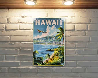 May include: A vintage travel poster with a blue sky and white clouds. The poster features a plane flying over a beach with palm trees and a mountain range in the background. The text "HAWAII" is printed in large, bold letters at the top of the poster.