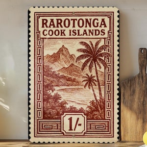 Rarotonga Cook Islands Stamp Art Metal Sign – Vintage Travel Poster Style Wall Decor for Home or Office
