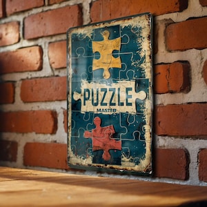 a puzzle sign on a brick wall next to a wooden table