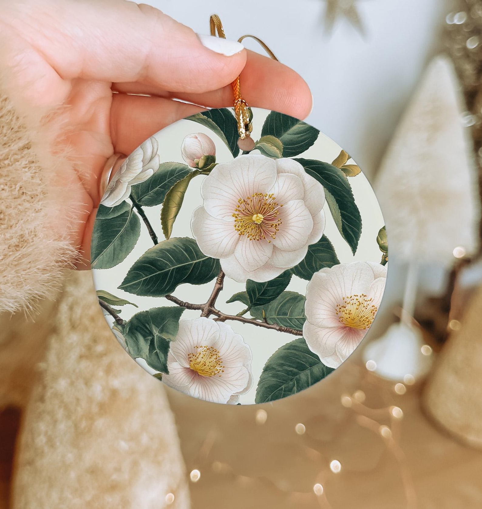 Vintage Botanical Ceramic Ornament, Camellia Design, Circular Ceramic