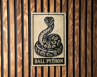 Ball Python Metal Sign – Vertical Snake Wall Art, Reptile Decor, Vintage Stamp Style Print for Herpetology Lovers
