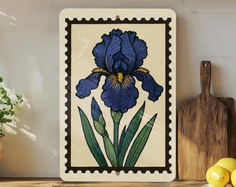 Bearded Iris Flower Metal Sign – Vintage Botanical Garden Wall Art, Rustic Floral Home Decor, Stamp Style Artwork