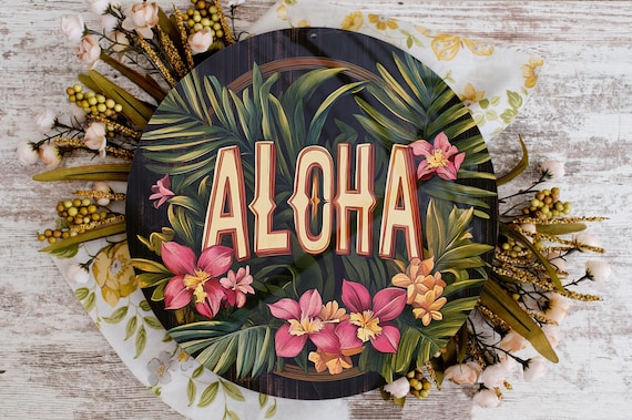 Tropical Aloha Round Metal Sign, Lush Greenery Decor, Vibrant Wall Art, Indoor Outdoor Decor, Hawaiian Theme, Blushing Blossoms