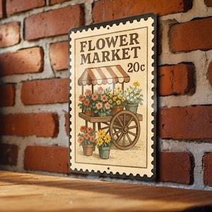 Vintage Flower Market Cart Metal Sign – Rustic Farmhouse Wall Decor, Botanical Stamp Style Artwork for Garden Lovers