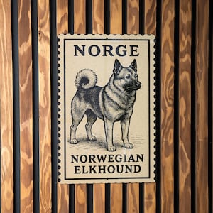 Norwegian Elkhound Metal Sign – Vintage Stamp Style Dog Wall Art, Rustic Farmhouse Decor, Nordic Breed Gift for Dog Lovers