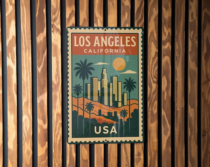 Los Angeles California Metal Sign – Vintage Stamp Style Wall Art, Rustic USA Travel Decor, Retro LA City Souvenir Plaque