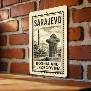 Sarajevo Bosnia Metal Sign – Vintage Stamp Style Wall Art, Rustic Travel Decor, Bosnia and Herzegovina Souvenir Gift