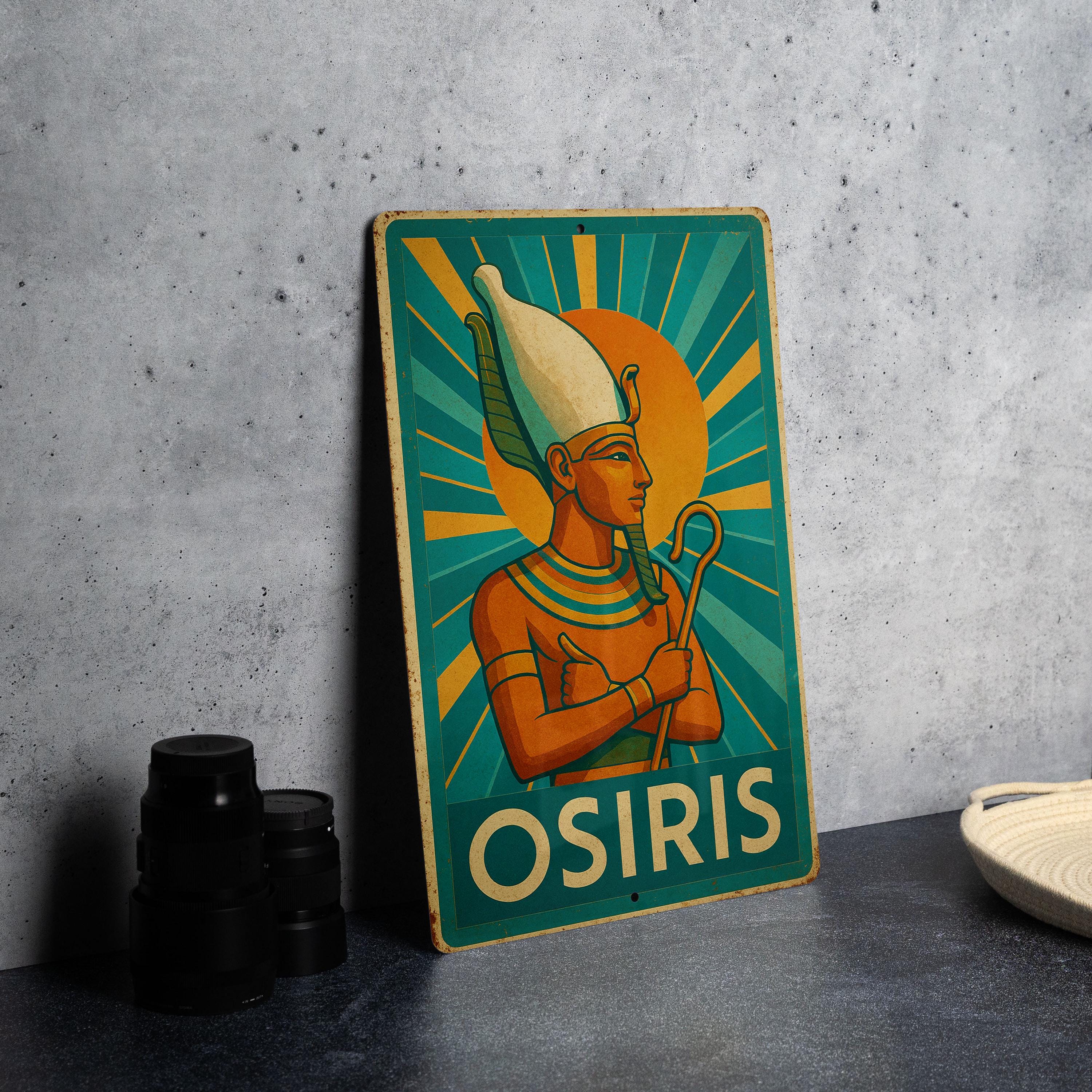 Osiris Rising Hand Sign Art Deco Osiris Tin Sign – Retro Egyptian Wall Art, Geometric Sunburst ...