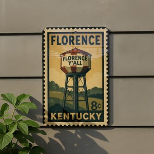 A vintage-style sign for Florence, Kentucky, featuring a water tower and the text "FLORENCE Y ALL KENTUCKY 8¢".