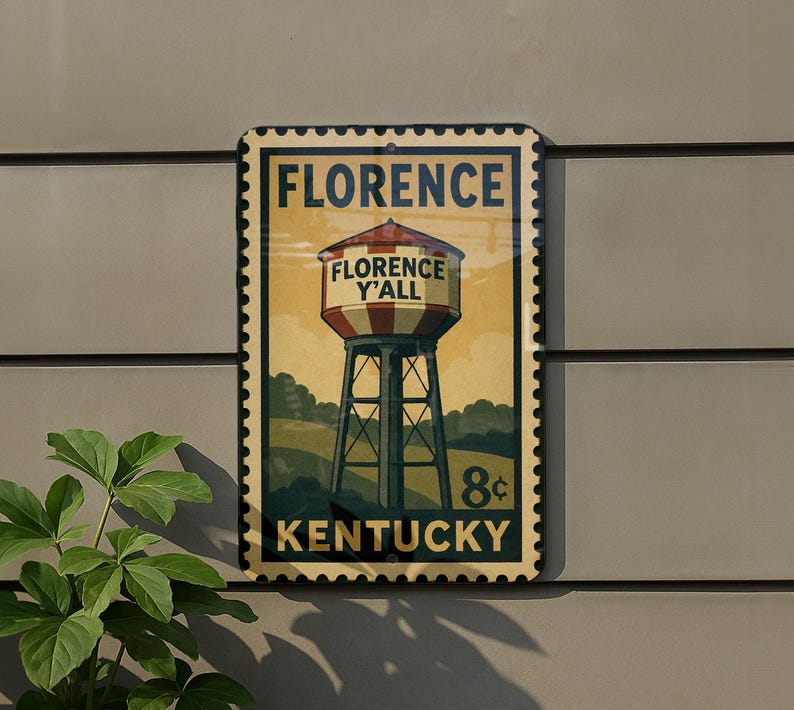 A vintage-style sign for Florence, Kentucky, featuring a water tower and the text "FLORENCE Y ALL KENTUCKY 8¢".
