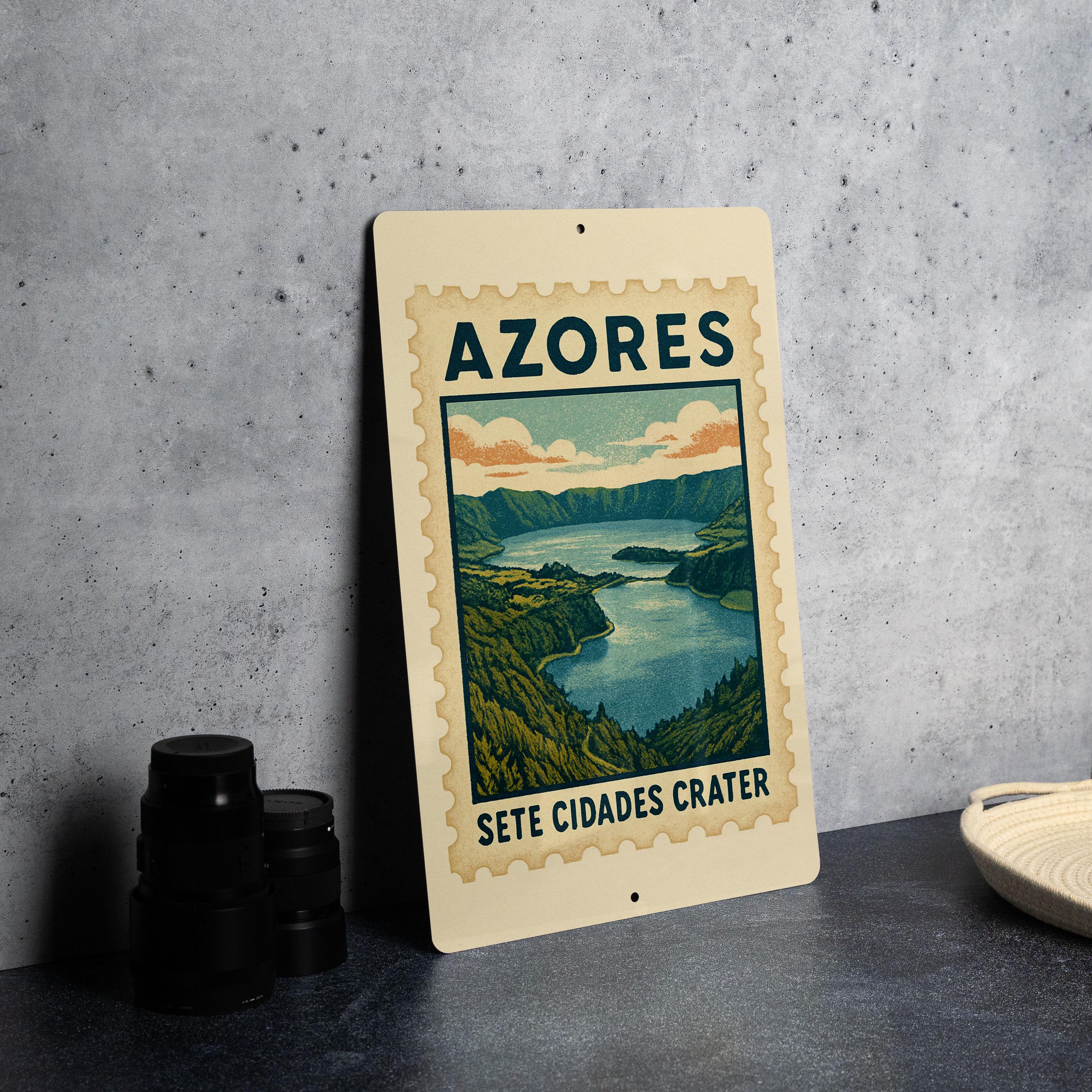 Azores Sete Cidades Crater Metal Sign – Vintage Stamp Style Wall Art ...