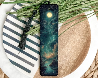Celestial Dreamscape Metal Bookmark, Cosmic River Design, Moonlit Sky Art, Teal Gold Hues, Unique Gift