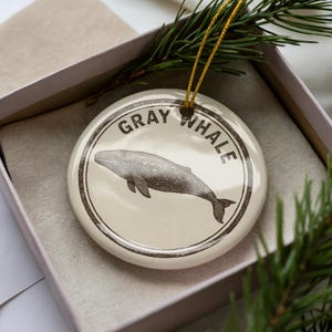 Gray Whale Ceramic Ornament – Nautical Circular Stamp Art, Coastal Marine Life Decoration, Ocean Animal Holiday Gift