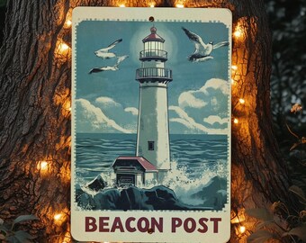 Guiding Light Metal Sign, Vintage Seagull Decor, Nautical Wall Art, Oceanic Coastal Sign, Beach House Decor, Bold Red Blue Metal Sign