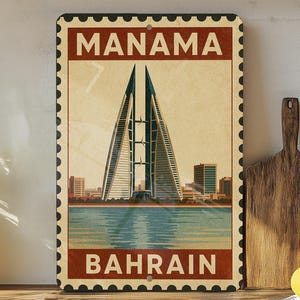 May include: A vintage-style metal sign featuring the city of Manama, Bahrain. The sign has a cream-colored background with a stylized image of the Bahrain World Trade Center. The words "MANAMA" and "BAHRAIN" are displayed in a red banner.