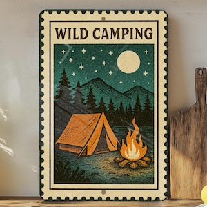 Wild Camping Metal Sign – Rustic Stamp Style Wall Art for Campers, Outdoor Decor, Vintage Adventure Tin Sign
