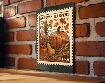 Autumn Harvest Metal Sign – Rustic Farmhouse Stamp Style Fall Decor, Vintage Wall Art for Kitchen or Porch