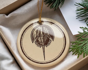 Horseshoe Crab Ceramic Ornament – Coastal Circular Stamp Art, Beach Nautical Decor, Marine Life Christmas Gift