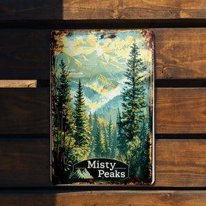 Letrero de metal vintage, decoración de las Montañas Humeantes, arte de Misty Peaks, tema de naturaleza salvaje, decoración rústica del hogar