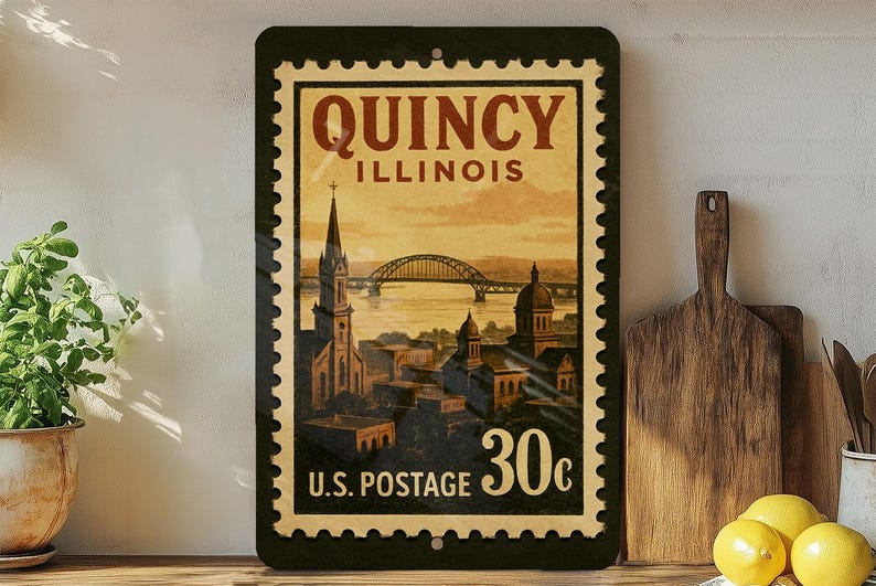 A vintage-style postage stamp from Illinois, featuring a cityscape and a bridge, is displayed on a shelf next to a wooden cutting board and a potted plant.